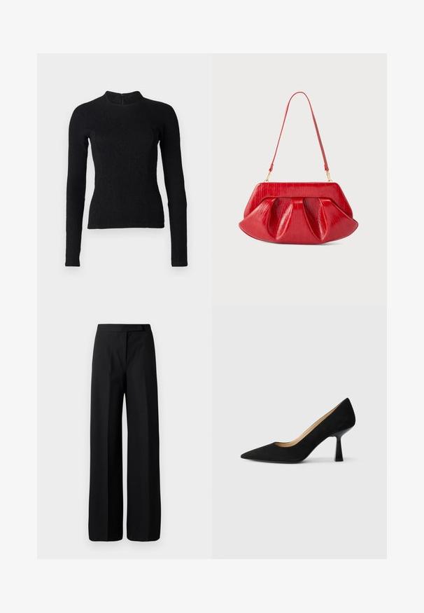 Top noir à manches longues avec une coupe ajustée, en tissu texturé, et un col montant. Dispose d'une fermeture éclair dissimulée dans le dos.; Pantalons noirs à jambe large avec une texture lisse et mate. Ceinture plate sans matériel ni motifs visibles. Design simple et élégant.; Pompe à talons hauts en suède noir avec un bout pointu, dotée d'un talon bloc noir brillant et d'une doublure intérieure lisse.; Sac d'épaule en cuir rouge avec une structure rigide, un corps plissé et une fine sangle ajustable, sur un fond uni.