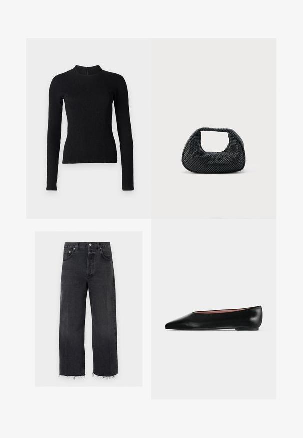 Sort langærmet top med en tætsiddende pasform, tekstureret stof og høj halsudskæring. Har en skjult lynlås på ryggen til lukning.; Sorte jeans med høj talje og vide ben med rå kant, forreste knap, lynlås lukning og design med fem lommer.; Sort damesko i læder med flad hæl og spids tå, vist fra siden på en ensfarvet lys grå baggrund.; Sort flettet hobo-taske med blød struktur og integreret håndtag, vist på en ensfarvet lys baggrund.