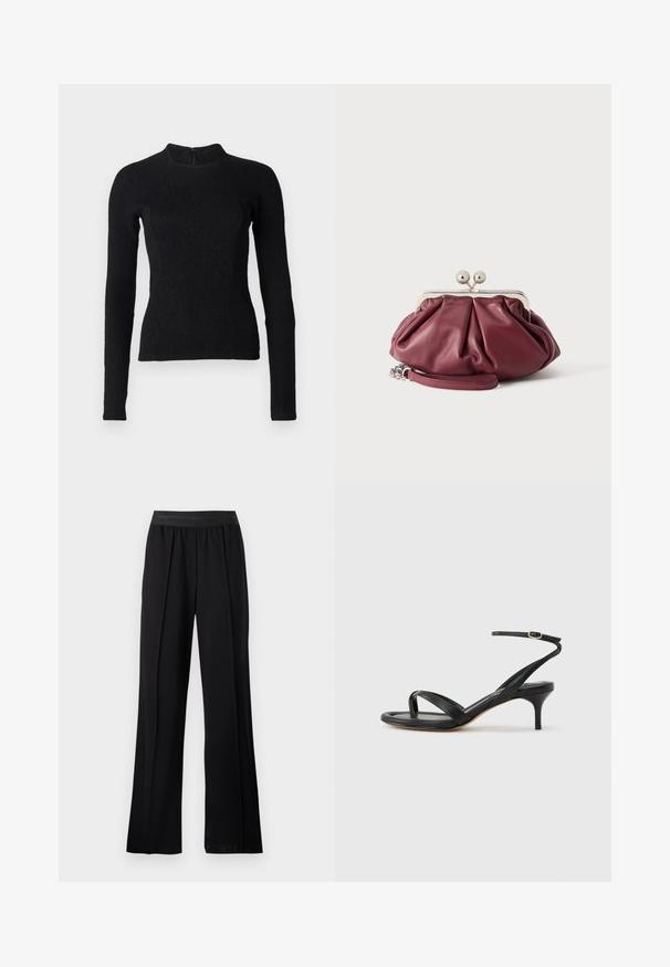 Top noir à manches longues avec une coupe ajustée, en tissu texturé, et un col montant. Dispose d'une fermeture éclair dissimulée dans le dos.; Pantalons larges noirs en tissu lisse avec une taille élastique. Présente des plis pour plus de volume et de fluidité, sans motifs ni accents visibles.; Sandale pour femme en cuir noir avec fines lanières, une boucle d'orteil, une boucle à la cheville et un talon aiguille de hauteur moyenne sur un fond neutre.; Petite pochette en cuir bordeaux avec fermoir en métal argenté et bracelet pour poignet sur fond blanc.