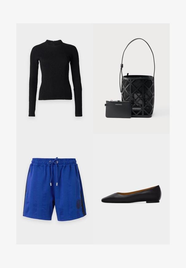Top negro de manga larga con un diseño ajustado, tejido texturizado y un cuello alto. Cuenta con una cremallera oculta en la parte de atrás para el cierre.; Pantalones cortos deportivos azules con una cintura elástica, cordón, rayas negras laterales y un diseño de heráldica floral. Textura de tela suave.; Zapato plano de punta puntiaguda de cuero negro con tacón bajo y acabado liso, mostrado de perfil sobre un fondo gris claro.; Bolso tipo cubo negro con diseño geométrico recortado y pequeño monedero con cremallera a juego, ambos de la marca Emporio Armani.