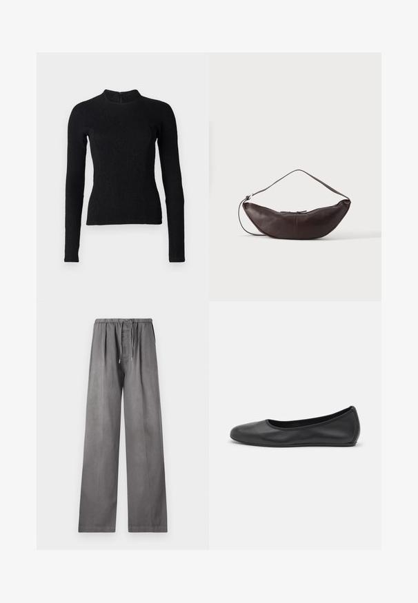 Top noir à manches longues avec une coupe ajustée, en tissu texturé, et un col montant. Dispose d'une fermeture éclair dissimulée dans le dos.; CLOSED WYNSTON - Pantalon classique - led grey; Ballerines en cuir noir avec un bout rond, texture lisse, détails de couture minimalistes et design de semelle flexible.; Sac d'épaule en cuir marron foncé en forme de croissant avec une lanière courbée et des coutures visibles sur fond uni.