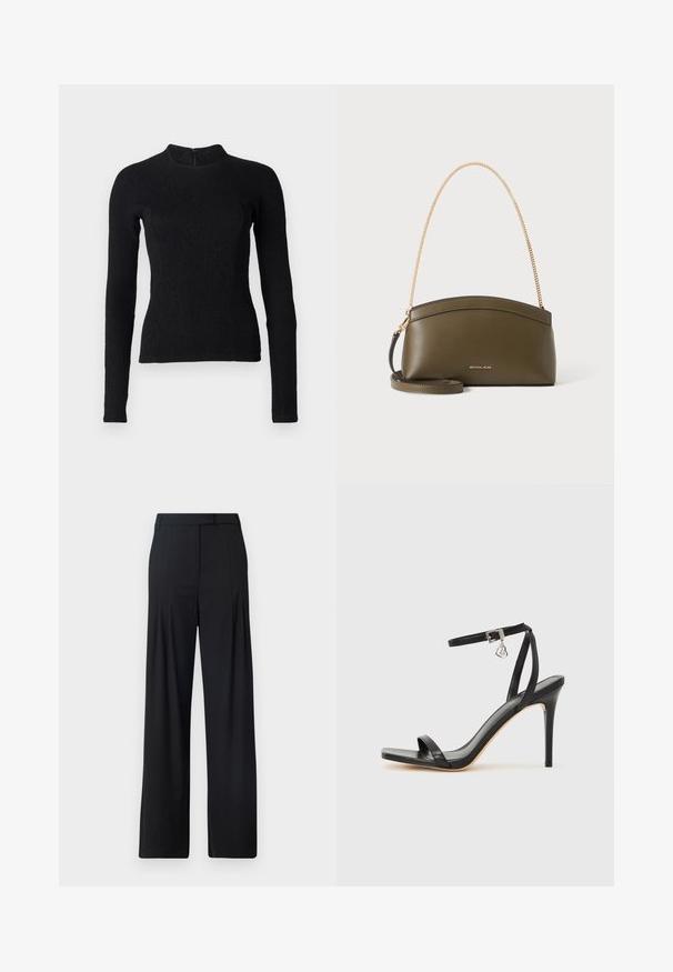 Top negro de manga larga con un diseño ajustado, tejido texturizado y un cuello alto. Cuenta con una cremallera oculta en la parte de atrás para el cierre.; Pantalones de pierna ancha negros con frente plano, pliegues y cinturilla ajustada. Fabricados con una tela suave y ligera.; Sandalia de tacón alto negra con una estrecha correa en el tobillo, punta cuadrada, material de cuero liso y detalle de hebilla metálica.; Bolso de mano Michael Kors verde oliva con correa de cadena dorada para el hombro, parte superior curvada y pequeño logo dorado en el frente, mostrado sobre fondo blanco.