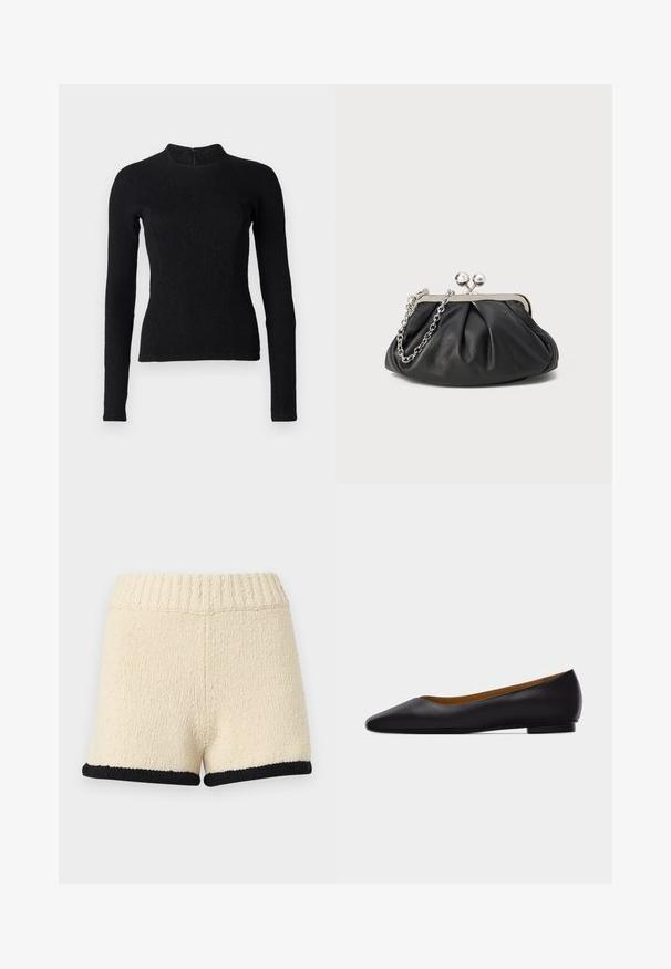 Top noir à manches longues avec une coupe ajustée, en tissu texturé, et un col montant. Dispose d'une fermeture éclair dissimulée dans le dos.; Shorts en tricot couleur crème avec taille côtelée et bordure noire à l'ourlet, présentés sur un fond clair uni.; Chaussure plate en cuir noir à bout pointu avec talon bas et finition lisse, vue de côté sur un fond gris clair.; Porte-monnaie en cuir noir avec texture froncée, cadre en métal argenté, fermeture à verrouillage kiss-lock et bandoulière en chaîne. Surface lisse et douce.