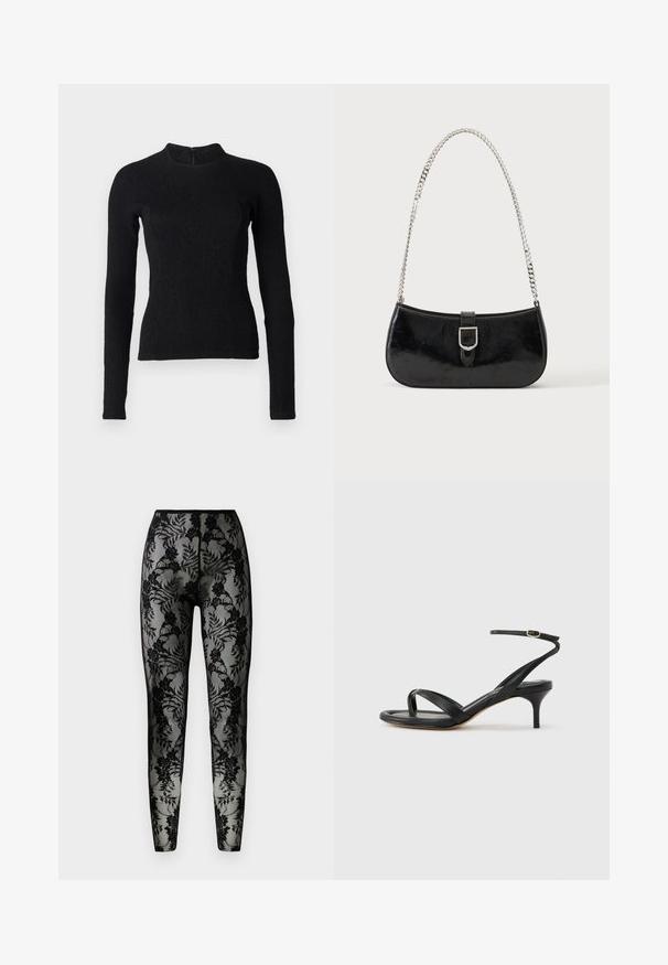 Top noir à manches longues avec une coupe ajustée, en tissu texturé, et un col montant. Dispose d'une fermeture éclair dissimulée dans le dos.; Leggings en dentelle noire avec un motif floral, en tissu transparent, et une coupe ajustée, dotés d'une taille lisse et d'ourlets fermés.; Sandale pour femme en cuir noir avec fines lanières, une boucle d'orteil, une boucle à la cheville et un talon aiguille de hauteur moyenne sur un fond neutre.; Sac à épaule en cuir verni noir avec détail de boucle argentée et bandoulière en chaîne argentée, présenté sur un fond uni clair.