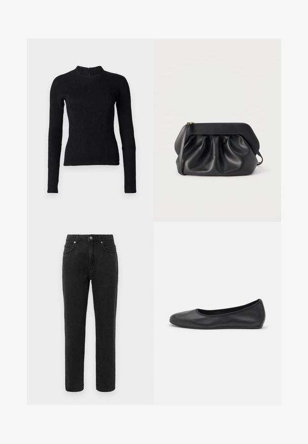 Sort langærmet top med en tætsiddende pasform, tekstureret stof og høj halsudskæring. Har en skjult lynlås på ryggen til lukning.; Sorte denimjeans med lige ben, standard fem-lomme design og knaplukning. Har diskrete stikningsdetaljer.; Sort læderballetsko med rund tå, glat tekstur, minimal syning og et fleksibelt såldesign.; Sort læderclutch med struktureret ramme, rynkedetaljer og en slank håndledsrem på hvid baggrund.