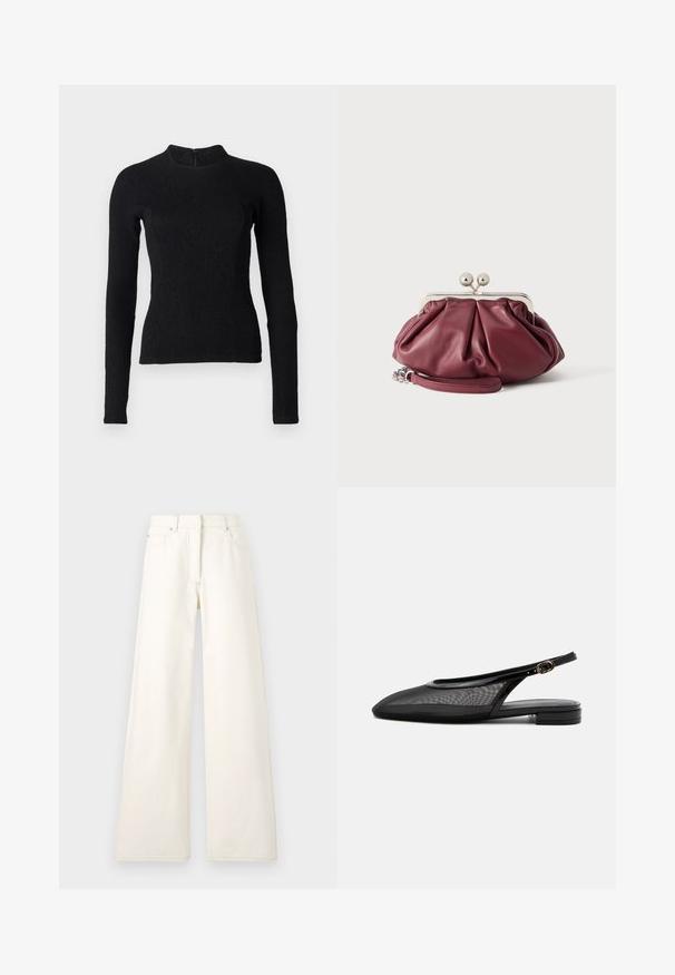 Top noir à manches longues avec une coupe ajustée, en tissu texturé, et un col montant. Dispose d'une fermeture éclair dissimulée dans le dos.; Pantalons larges de couleur crème en denim avec des coutures visibles et des poches. Le design présente une taille haute et une coupe droite.; Chaussure plate noire à bride arrière, bout pointu, tige en mesh, bride à boucle réglable et petit talon empilé sur fond blanc.; Petite pochette en cuir bordeaux avec fermoir en métal argenté et bracelet pour poignet sur fond blanc.