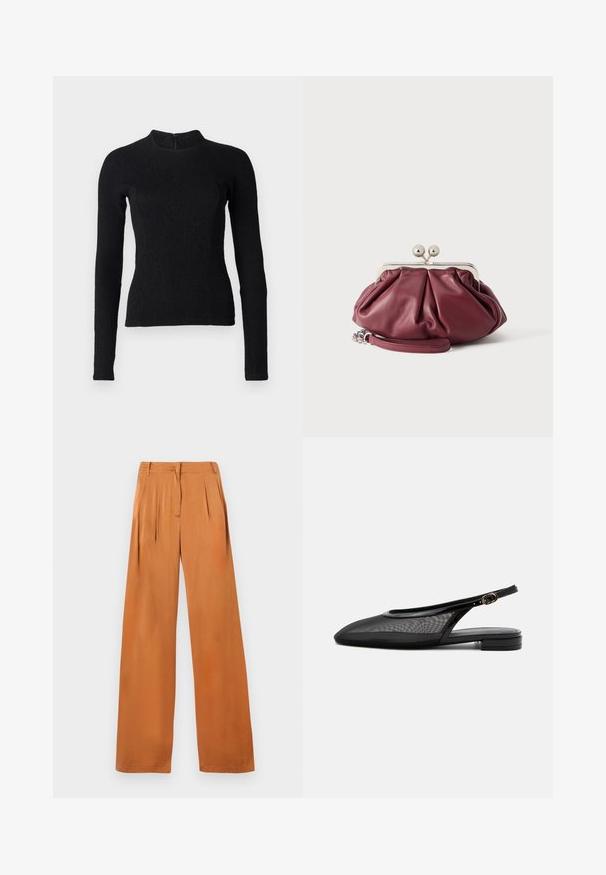 Top noir à manches longues avec une coupe ajustée, en tissu texturé, et un col montant. Dispose d'une fermeture éclair dissimulée dans le dos.; Pantalon ample couleur rouille avec plis, passants pour ceinture et fermeture éclair cachée à l'avant, présenté à plat sur un fond blanc.; Chaussure plate noire à bride arrière, bout pointu, tige en mesh, bride à boucle réglable et petit talon empilé sur fond blanc.; Petite pochette en cuir bordeaux avec fermoir en métal argenté et bracelet pour poignet sur fond blanc.