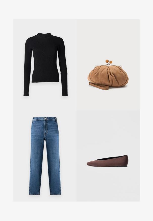 Top noir à manches longues avec une coupe ajustée, en tissu texturé, et un col montant. Dispose d'une fermeture éclair dissimulée dans le dos.; Jean droit bleu à taille haute, fabriqué en denim. Présente une fermeture à bouton et zip à l'avant, avec un léger délavage sur le tissu.; Ballerines en tissu marron avec un bout pointu et une texture lisse, dotées d'un talon bas et d'une fine semelle noire. Aucune motif ni élément métallique visible.; Petit sac pochette en daim marron doux avec tissu froncé, fermoir métallique, accents de perles en bois et bracelet pour poignet sur fond blanc.
