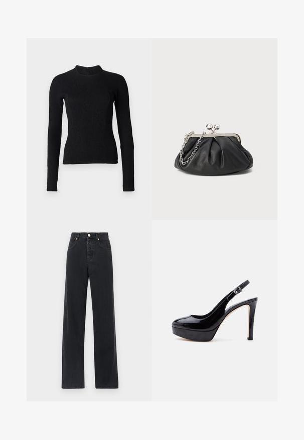 Top noir à manches longues avec une coupe ajustée, en tissu texturé, et un col montant. Dispose d'une fermeture éclair dissimulée dans le dos.; Jean en denim noir avec taille haute, coupe droite, design à cinq poches, coutures visibles et fermeture à bouton en métal.; Chaussure à plateforme à talon haut en cuir verni noir avec bride arrière et boucle argentée, bout arrondi, vue de côté sur fond blanc.; Porte-monnaie en cuir noir avec texture froncée, cadre en métal argenté, fermeture à verrouillage kiss-lock et bandoulière en chaîne. Surface lisse et douce.