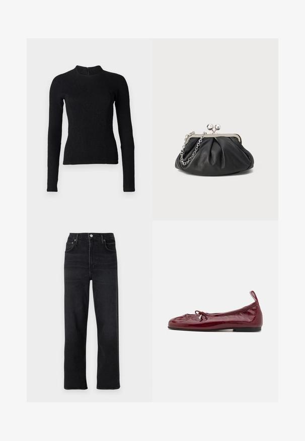 Top noir à manches longues avec une coupe ajustée, en tissu texturé, et un col montant. Dispose d'une fermeture éclair dissimulée dans le dos.; Jeans droits noirs en denim. Comprend cinq poches, une fermeture à bouton et zip, et des détails de couture subtils.; Ballerines en cuir verni bordeaux avec un bout arrondi, semelle noire fine et un accent de nœud à l'avant. Texture lisse et brillante.; Porte-monnaie en cuir noir avec texture froncée, cadre en métal argenté, fermeture à verrouillage kiss-lock et bandoulière en chaîne. Surface lisse et douce.