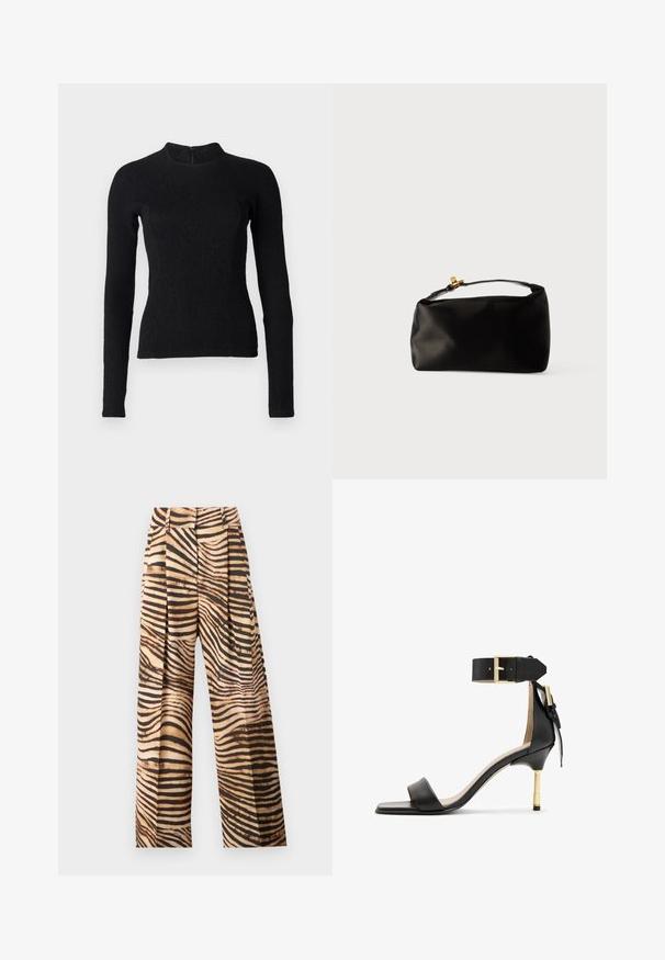 Sort langærmet top med en tætsiddende pasform, tekstureret stof og høj halsudskæring. Har en skjult lynlås på ryggen til lukning.; Bredde ben bukser i et beige og brunt zebra-stribe mønster, der har plisseringer, høj talje og en glat, skinnende tekstur.; Sort læder hæl sandal med firkantet tå, ankelrem med en guldbuckle og en slank metallisk hæl. Glat tekstur, minimalistisk design.; Sort satinpung med en afrundet form, et håndtag i toppen og en guldaccentlås. Glat tekstur med et minimalistisk design.