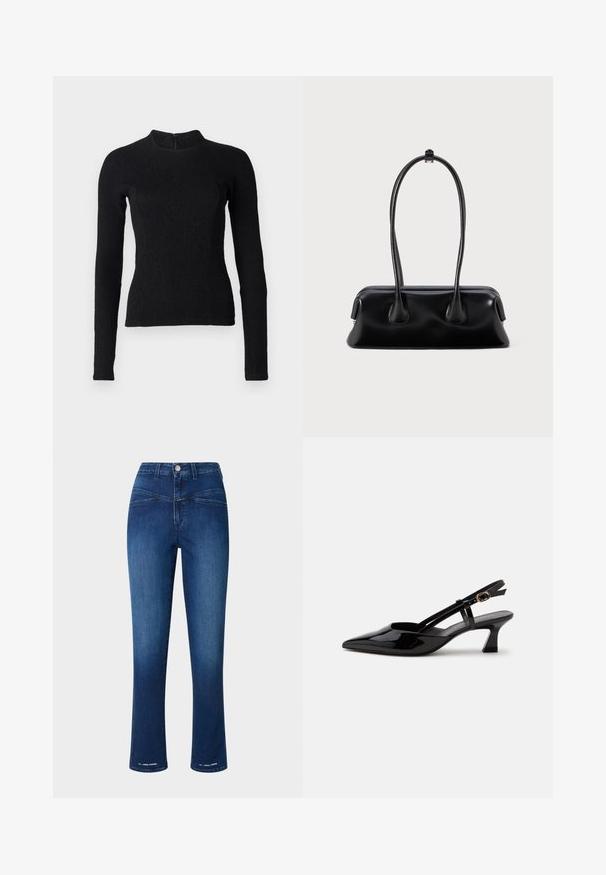 Sort langærmet top med en tætsiddende pasform, tekstureret stof og høj halsudskæring. Har en skjult lynlås på ryggen til lukning.; Mørkeblå denimbukser med høj talje, slim fit, lige ben og to forlommer. Indeholder en metalknap og syningsdetaljer.; Sort laklæderslingback med lille hæl, spids tå og justerbar guldlåsrem på hvid baggrund.; Sort læderhåndtaske med to forlængede håndtag, en glat tekstur og en rund bund med dekorative detaljer på siderne.