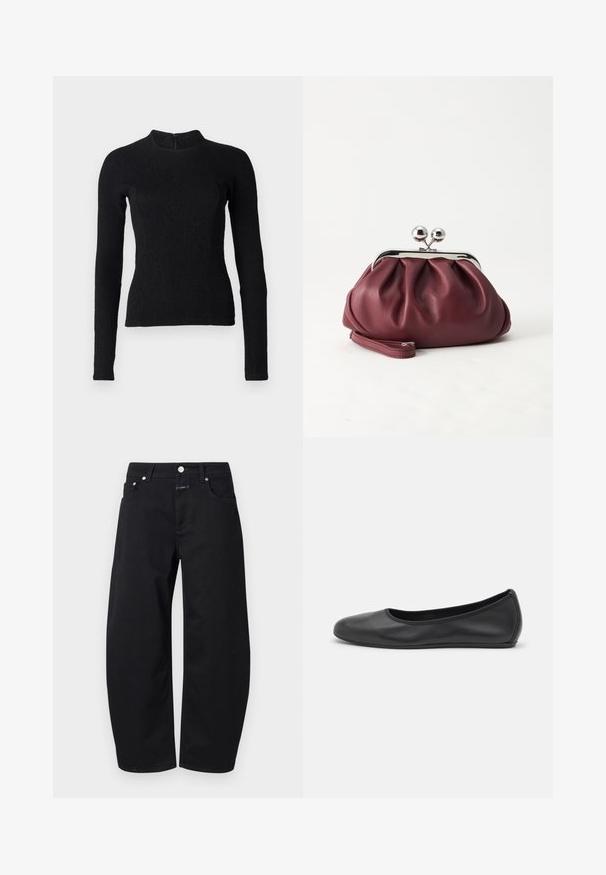 Top noir à manches longues avec une coupe ajustée, en tissu texturé, et un col montant. Dispose d'une fermeture éclair dissimulée dans le dos.; CLOSED JAZZIE - Jean boyfriend - black; Ballerines en cuir noir avec un bout rond, texture lisse, détails de couture minimalistes et design de semelle flexible.; Petit sac pochette en cuir bordeaux avec fermoir métallique argenté et bracelet sur fond blanc.