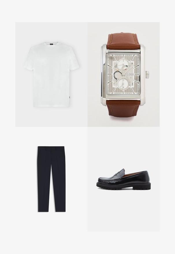 Camiseta blanca de manga corta con cuello redondo, con un logo discreto en el pecho izquierdo y una pequeña etiqueta negra en la costura lateral izquierda.; Pantalones azul marino con un corte ajustado, que cuentan con dos bolsillos frontales, un diseño plano en la parte delantera y una textura suave. Sin patrones ni adornos visibles.; Mocasines de penny de cuero negro con suela de goma gruesa y costura tipo moc, presentados de perfil sobre un fondo blanco.; Reloj rectangular de plata con esfera esqueletizada blanca, dos pequeños subdiales, logotipo "BOSS" y correa de cuero marrón con costuras.