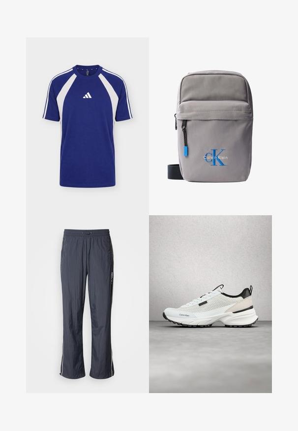 Sinine-valge lühikeste varrukatega spordisärk ümarkaelusega ja Adidas logo ees keskel.; Tumed sinine kerged treeningpüksid, millel on elastne vöökoht, küljetaskud ja valged aktsendijooned külgedel. Siledat tekstuuri.; Valge ja must Calvin Kleini sportking võrksidemetega ja massiivse tallaga hõljuvad halli põranda kohal klaasplokk-seina lähedal.; Väike hall Calvin Kleini risti kehale kantav kott esiosa tõmblukuga tasku, must rihm ja sinine tikkidega „cK“ logo.