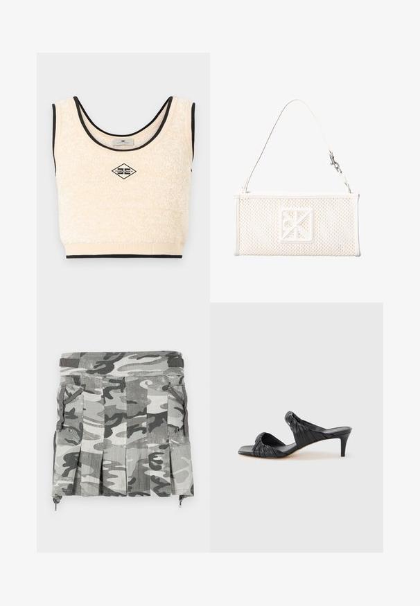 Krémlový bezrukávový crop top s textúrou, s čiernou lemovkou a uprostred umiestnenou logom v tvare diamantu s nápisom "Elisabetta Franchi".; Sukňa v maskáčovom vzore v odtieňoch šedej a čiernej, so skladmi, dvomi bočnými vreckami a zipsom na leme.; Čierne sandále na podpätku so štvorcovou špičkou, vyrobené z hladkej kože. Majú zviazané remienky a úzky podpätok pre zvýšenie výšky.; Biela obdĺžniková sieťovaná kabelka s jedným remienkom a štvorcovým dekoratívnym emblémom na prednej strane.
