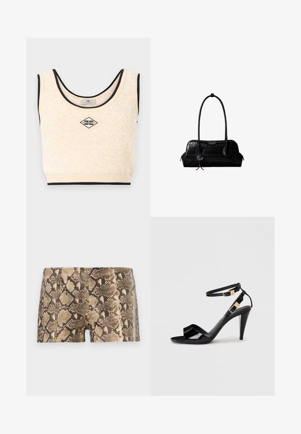 Κρεμ αμάνικο crop top με υφή, με μαύρο περίγραμμα και κεντρικό τσεπάκι με λογότυπο σε σχήμα ρομβού που γράφει "Elisabetta Franchi".; Σορτς με σχέδιο φίδι σε καφέ και μπεζ από υλικό με υφή, με εφαρμοστό σχέδιο και λεία επιφάνεια με ορατές ραφές.; Μαύρα παπούτσια από πατεντέ δέρμα με ψηλή φτέρνα, διπλές λουριά στον αστράγαλο και χρυσούς αγκράφες, ανοιχτό δάχτυλο και λεπτή, κωνική φτέρνα σε ουδέτερο φόντο.; Μαύρη δερμάτινη τσάντα ώμου με υφή κροκοδείλου, μακριά λουριά και μικρό ασημένιο λογότυπο σε ένα από τα λουριά.