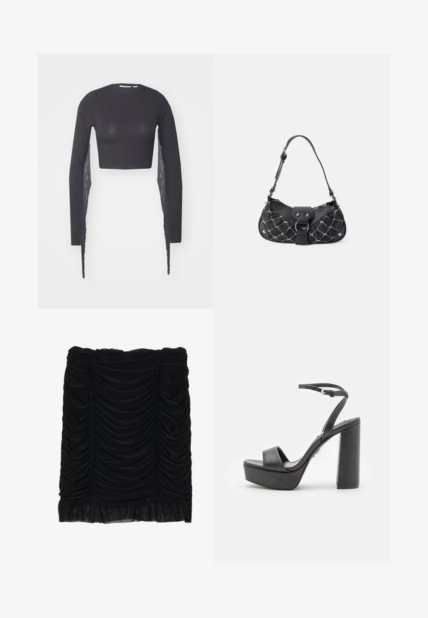 Sort crop top med lange ærmer, som har frynse-detaljer langs den ene side, lavet af et glat, strækbart stof.; Sort mini-nederdel med samlet stof, der har et rynket design og en flæsekant. Lavet af blødt materiale med en glat tekstur.; Sorte platform højhælede sandaler med åben tå, bred forreste rem og justerbar ankelrem. Glat læderfinish og chunky blokhæle.; Sort håndtaske med quiltet tekstur, der har sølvhardware, en buet form og en enkelt justerbar rem. Lynlås lukning øverst.