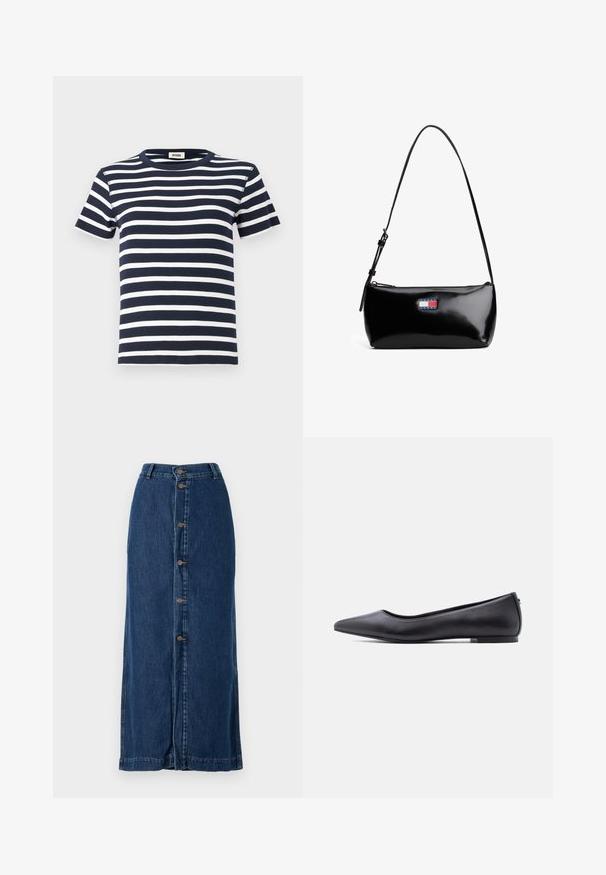 Mørkeblå og hvid stribet t-shirt lavet af ribbet stof, med en rund hals og korte ærmer. Designet fremhæver vandrette linjer.; Mørkeblå denim-maxiskørt med knaplukning foran og sideslids, med en lige silhuet og syet kant.; Sort flad lædersko med spidst tåparti og lav hæl, vist i sideprofil mod en hvid baggrund.; Sort patenteret læder skuldertaske med en buet rem, lynlåslukning og et rektangulært logo patch i rød, hvid og blå.