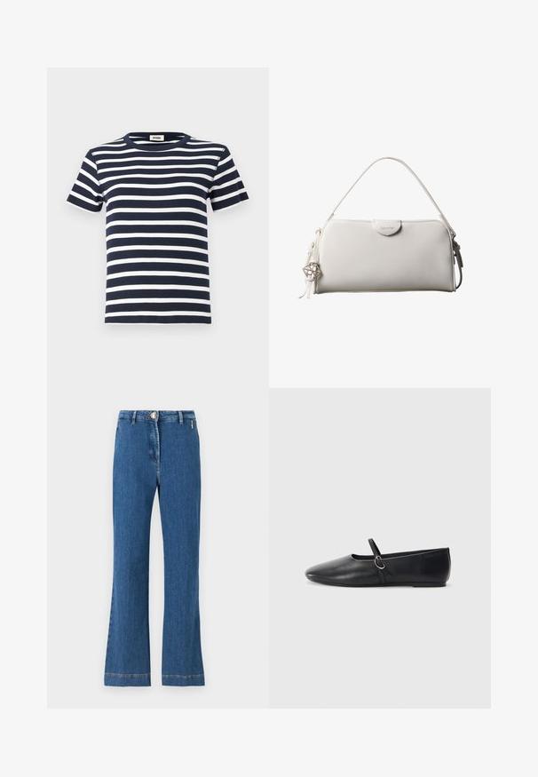 Marineblaue und weiße gestreifte T-Shirt aus Rippstoff, mit rundem Halsausschnitt und kurzen Ärmeln. Das Design betont die horizontalen Linien.; Hoch taillierte Schlagjeans aus mittelblauem Denim, mit Knopfverschluss, vorderen Taschen und sichtbaren Nähten entlang des Saums.; Schwarze Leder-Ballettschuhe mit spitzem Schuhzeug, flacher Sohle und einem kleinen Riemen mit silberner Schnalle.; Weiße rechteckige Calvin Klein Handtasche mit einem einzelnen Henkel, minimalistischem Design und dekorativen Quasten mit geometrischem Metallanhänger an der Seite.