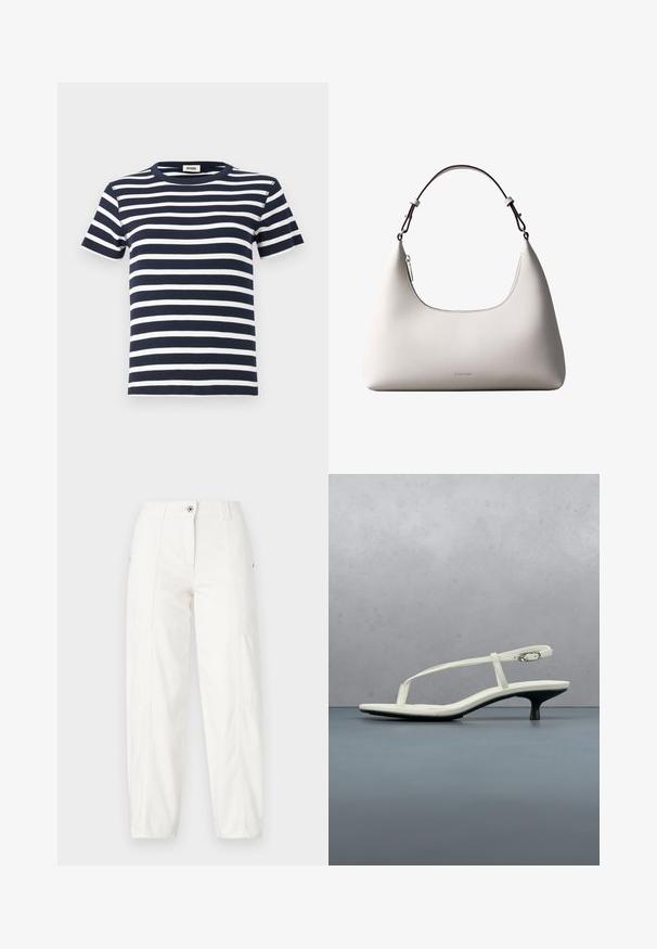 Marineblauwe en witte gestreepte t-shirt gemaakt van ribgebreid materiaal, met een ronde halslijn en korte mouwen. Het ontwerp benadrukt horizontale lijnen.; Witte cargo broek met een rechte pijpdesign, voorzien van zijzakken, een knoopsluiting en zichtbare stikdetails. Glad, duurzaam materiaal.; Witte sandaal met smalle bandjes en kitten heel, met een spitse neus, zwevend boven een houten tegelvloer buiten, met op de achtergrond een wazige plant en muur.; Romige Calvin Klein leren schoudertas met gebogen bovenrand, zilveren rits en donkerbruine verstelbare riem.