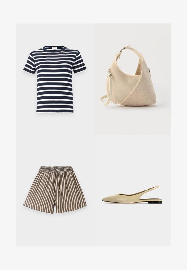 Marineblaue und weiße gestreifte T-Shirt aus Rippstoff, mit rundem Halsausschnitt und kurzen Ärmeln. Das Design betont die horizontalen Linien.; Gestreifte Shorts mit elastischem Bund, die vertikale Linien in Beige und Marineblau aufweisen. Weicher Stoff, lässiges Design und mit einem vorderen Bindedetail.; Beiger Slingback-Ballerina mit spitzer Kappe, niedrigem schwarzem Absatz und glattem Lederfinish, seitlich auf einfarbigem Hintergrund gezeigt.; Beige handtasche in halbmondform mit gemischten stoffstrukturen, kurzem griff und abnehmbarem schulterriemen vor hellem hintergrund.