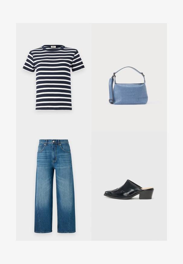 Camiseta a rayas azul marino y blanca hecha de tejido acanalado, con escote redondo y mangas cortas. El diseño destaca las líneas horizontales.; Jeans de denim de pierna ancha en azul claro con un lavado desgastado, que cuentan con cinco bolsillos y un cierre de botón en la parte delantera. Fabricados en tela de algodón.; Mules de charol negro con punta afilada, un diseño curvado y un tacón bajo en bloque que presenta costuras decorativas a lo largo del parte superior.; Bolso azul claro con relieve de cocodrilo, asa corta y correa de hombro desmontable. Textura lisa con cierre de cremallera.