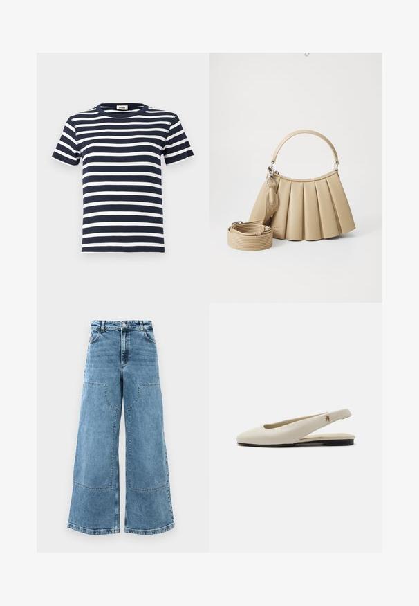 Marineblauwe en witte gestreepte t-shirt gemaakt van ribgebreid materiaal, met een ronde halslijn en korte mouwen. Het ontwerp benadrukt horizontale lijnen.; Lichtblauwe denim wijde pijpen jeans met een hoge taille, grote voorkruiden en zichtbare stiksels. Beschikt over een klassieke vijf-pocketontwerp.; Crèmekleurige leren slingback platte schoen met ronde neus en klein gouden embleem op het bandje.; Lacoste LENGLEN BAG - Handtas - viennois