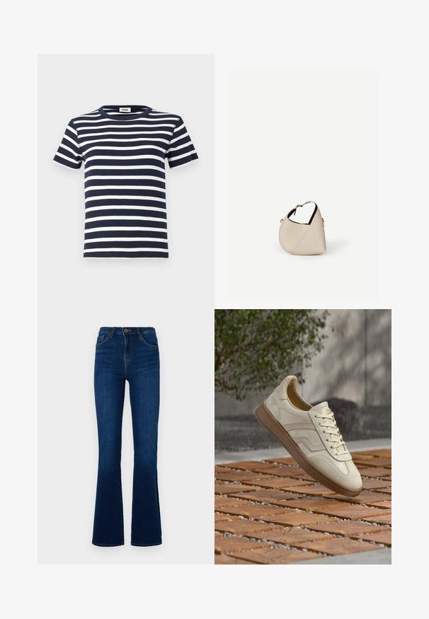 Marineblaue und weiße gestreifte T-Shirt aus Rippstoff, mit rundem Halsausschnitt und kurzen Ärmeln. Das Design betont die horizontalen Linien.; Dunkelblaue ausgestellte Jeans aus Denim mit hoher Taille, versehen mit Fronttaschen, einem Reißverschluss und subtilen Stickdetails.; Sneaker in cremefarben mit einer strukturierten, beigen Gummisohle, schnürungsdesign und dezentem Branding an der Seite. Glattes Lederobermaterial.; Beige Ledertasche in Halbmondform mit einem einzelnen Schulterriemen und minimaler Nahtgestaltung, vor einem schlichten weißen Hintergrund.