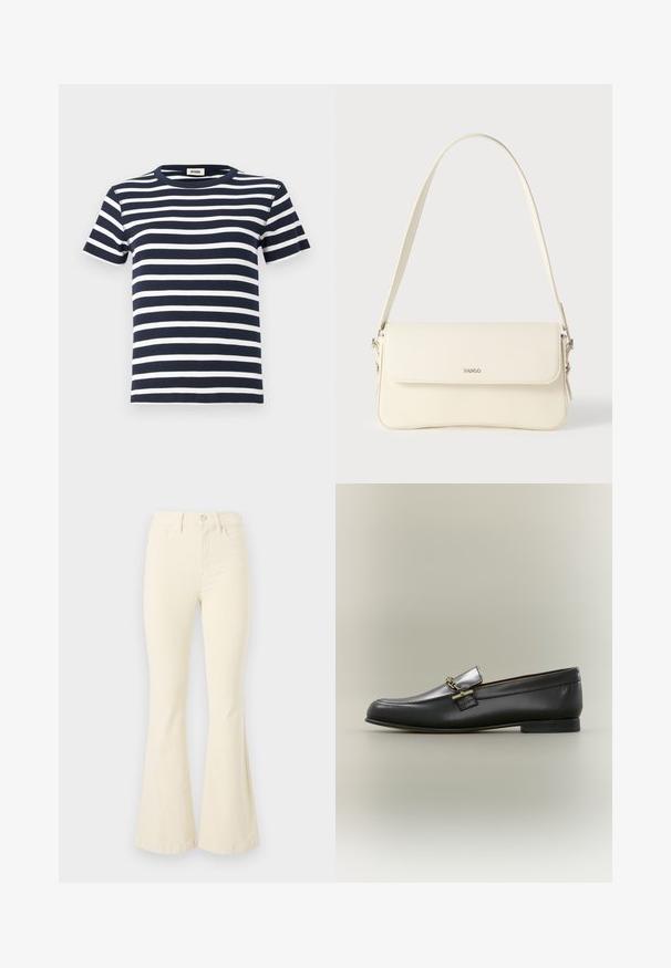 Marineblaue und weiße gestreifte T-Shirt aus Rippstoff, mit rundem Halsausschnitt und kurzen Ärmeln. Das Design betont die horizontalen Linien.; Cremfarbene, ausgestellte Jeans aus Baumwolle mit hoher Taille, Knopfverschluss und klaren Linien ohne sichtbare Muster oder Akzente.; Schwarzer Lederloafer mit silberner Oberseite, goldener Kettendetail, niedrigem Absatz und abgerundeter Spitze auf neutralem Hintergrund.; Schultertasche aus cremefarbenem Leder mit Klappverschluss, silbernen Beschlägen, einem verstellbaren Riemen und einem dezenten Logodetail.