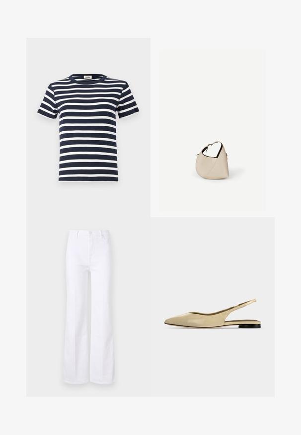 Mørkeblå og hvid stribet t-shirt lavet af ribbet stof, med en rund hals og korte ærmer. Designet fremhæver vandrette linjer.; Hvide flared jeans lavet af denim, med høj talje, forlommer og knaplukning. Glat tekstur og rene linjer.; Beige spids tå slingback flad sko med lav sort hæl og en glat læderfinish, vist fra siden på en ensfarvet baggrund.; Beige læder håndtaske i halvmåneform med en enkelt skulderrem og minimal syning, sat mod en ensartet hvid baggrund.