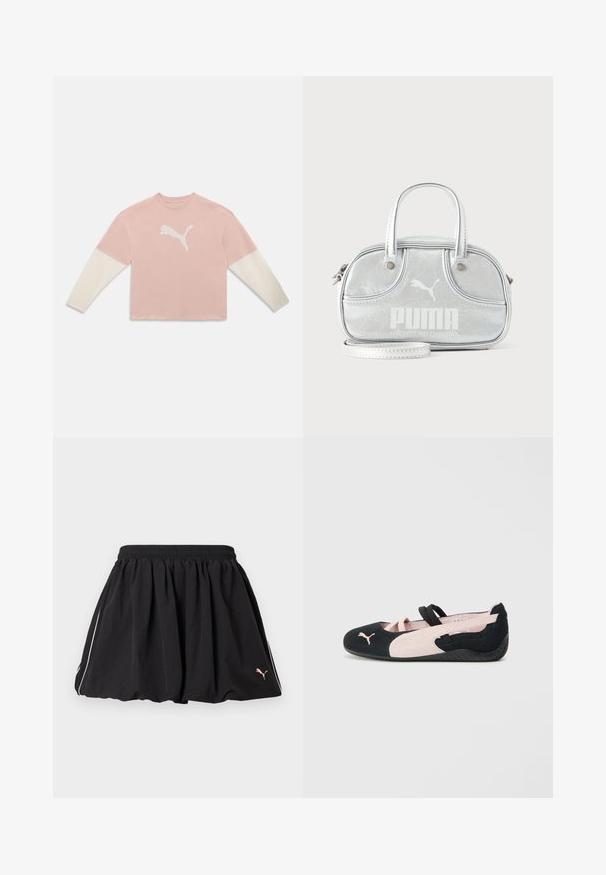 Chemise rose à manches longues avec manches blanches et grand logo blanc Puma centré sur la poitrine sur un fond uni.; Jupe courte sportive noire avec taille élastique, liseré blanc sur le côté et petit logo Puma sur le côté inférieur droit.; Ballerines en suède noir et rose clair avec des sangles élastiques, un bout arrondi et une semelle en caoutchouc texturée, arborant un petit logo à l'avant.; Petit sac à main Puma argent métallisé avec deux poignées supérieures, une longue bandoulière, logo sur le devant et fermeture zippée sur fond uni clair.