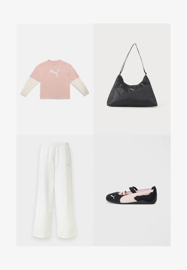 Chemise rose à manches longues avec manches blanches et grand logo blanc Puma centré sur la poitrine sur un fond uni.; Pantalon de survêtement blanc à coupe ample avec une taille élastique et un logo discret sur le côté de la cuisse droite.; Ballerines en suède noir et rose clair avec des sangles élastiques, un bout arrondi et une semelle en caoutchouc texturée, arborant un petit logo à l'avant.; Sac à bandoulière triangulaire noir avec une fine sangle, motif monogramme subtil et petit logo Puma argenté au centre.