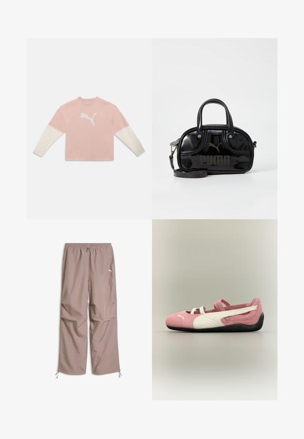 Chemise rose à manches longues avec manches blanches et grand logo blanc Puma centré sur la poitrine sur un fond uni.; Pantalon à jambes larges couleur brun clair avec ceinture élastique, cordon de serrage à la taille et aux bas, poches latérales, et logo Puma sur la cuisse droite.; Chaussure plate rose et blanche avec semelle noire, avec des brides élastiques et le logo Puma sur le côté avant.; Sac à main en cuir verni noir avec des poignées supérieures doubles, une bandoulière amovible, une forme arrondie et un logo "PUMA" en relief bien visible.