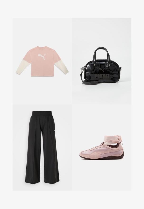 Camiseta rosa de manga larga con mangas blancas y un gran logo blanco de Puma centrado en el pecho sobre un fondo liso.; Pantalones de pierna ancha negros con una tela texturizada, cintura elástica y detalle del logo de PUMA. Diseño simple con un ajuste casual.; Zapatilla baja de color rosa claro con suela oscura, diseño aerodinámico y lazos atados alrededor del tobillo para un efecto envolvente decorativo.; Bolso de mano de charol negro con dos asas superiores, correa para el hombro desmontable, forma redondeada y destacado logo en relieve de "PUMA".