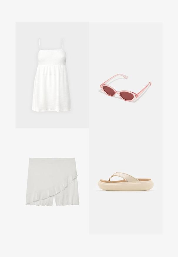Vestido blanco con tirantes finos, tejido texturizado, cintura imperio y una falda fluida hasta la rodilla. Diseño minimalista, sin patrones ni acentos.; Pantalones cortos blancos con un tejido texturizado, que presentan un volante asimétrico a lo largo de un lado y un dobladillo ligeramente acampanado.; Chancla beige con una amplia correa en los dedos y una suela gruesa y redondeada. Presenta un material superior suave y una plantilla en color marrón que contrasta.; Gafas de sol transparentes rosas con lentes ovalados, tinte rojo oscuro y varillas delgadas, con un acabado suave y detalles sutiles en la montura.