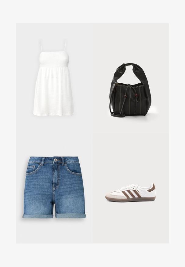 Robe blanche avec des fines bretelles, en tissu texturé, taille empire et jupe fluide arrivant aux genoux. Design minimaliste, sans motifs ni accents.; Short en jean bleu avec ourlets roulés, fermeture devant par bouton et fermeture éclair, passants de ceinture, poches avant et poche monnaie.; Baskets Adidas Samba blanches avec des bandes en daim marron, semelle en caoutchouc marron et bout en daim beige, vues du côté extérieur sur un fond uni.; Sac à main en cuir noir avec un haut arrondi, fermeture à cordon de serrage et couture contrastante. Il dispose de courtes anses souples et de perles décoratives.