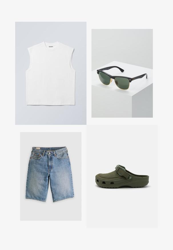 Hvid ærmeløs bomulds top med rund hals og markerede skulderpartier, mærket "WEEKDAY" på halsmærket, vist på lys grå baggrund.; Lyseblå denimshorts med klassisk snit. Har fem lommer, orange stikninger og rå skærmkanter.; Grøn gummi klipklap med justerbar rem og ventilationshuller. Glat tekstur, rundt tåparti og hævet sål for komfort.; Ray-Ban solbriller med grønne linser, sorte plastikstel og gyldne detaljer ved kanterne. Firkantet form med mat finish.