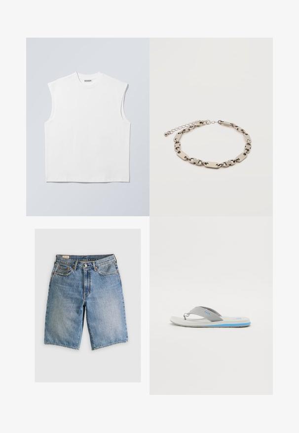Weißes ärmelloses Baumwolltop mit Rundhalsausschnitt und strukturierten Schultern, mit "WEEKDAY" auf dem Kragenetikett versehen, vor hellgrauem Hintergrund dargestellt.; Jeansshorts in Hellblau mit klassischem Schnitt. Verfügt über fünf Taschen, orangene Nähte und ausgefranste Säume.; Leichte Flip-Flops in Grau mit einem strukturierten Riemen und blauen Akzenten an der Sohle. Bestehen aus strapazierfähigem Gummi und haben eine gepolsterte Fußbett.; Armband aus silberfarbenem Metall mit abwechselnd rechteckigen und ovalen Gliedern, verstellbarem Verschluss und kleinem runden Anhänger auf weißem Hintergrund.