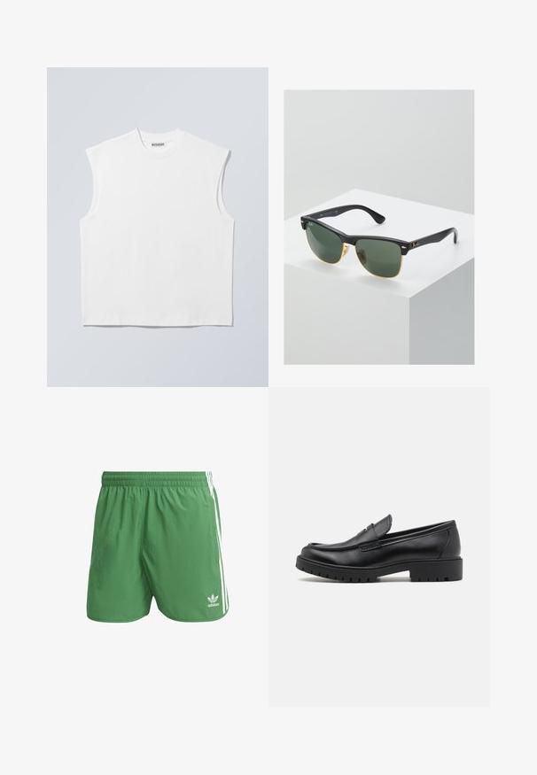 Weißes ärmelloses Baumwolltop mit Rundhalsausschnitt und strukturierten Schultern, mit "WEEKDAY" auf dem Kragenetikett versehen, vor hellgrauem Hintergrund dargestellt.; Grüne Sportshorts aus leichtem Material, mit weißen Seitenstreifen und einem Adidas-Logo am linken Saum. Elastischer Bund.; Schwarze Lederloafers mit runder Zehenform, eleganter Schlupfdesign und dicker Gummisohle mit strukturiertem Griff. Erhöhter Absatz und dezente Nähdetails.; Ray-Ban Sonnenbrillen mit grünen Gläsern, schwarzen Kunststoffrahmen und goldenen Akzenten an den Rändern. Quadratische Form mit matter Oberfläche.