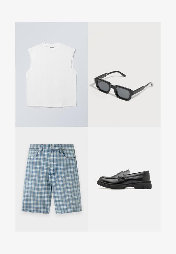 Weißes ärmelloses Baumwolltop mit Rundhalsausschnitt und strukturierten Schultern, mit "WEEKDAY" auf dem Kragenetikett versehen, vor hellgrauem Hintergrund dargestellt.; Hellblaue Karobluse-Shorts aus einem Baumwollmix, mit fünf Taschen, Knopfverschluss und lockerer Passform. Die Textur ist glatt und weich.; Schwarze Lederloafer mit einem breiten Riemen über dem Rist, Gummisohle mit dicken Profilen und glatter Textur. Klassisches, schlankes Design.; Schwarze rechteckige Sonnenbrille mit dicken Rahmen und dunkel getönten Gläsern, schräg auf weißem Hintergrund.