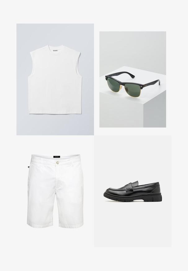 Haut blanc sans manches en coton à col rond avec épaules structurées, marqué "WEEKDAY" sur l'étiquette du col, présenté sur un fond gris clair.; Shorts en coton blanc avec une coupe droite, dotés d'une fermeture à bouton à l'avant et de poches standard, texture lisse et design épuré.; Mocassin en cuir noir avec une large sangle sur le devant, semelle en caoutchouc à épaisse rainure, et texture lisse. Design classique et élégant.; Lunettes de soleil Ray-Ban avec des verres verts, monture en plastique noir et accents dorés sur les bords. Forme carrée avec une finition mate.