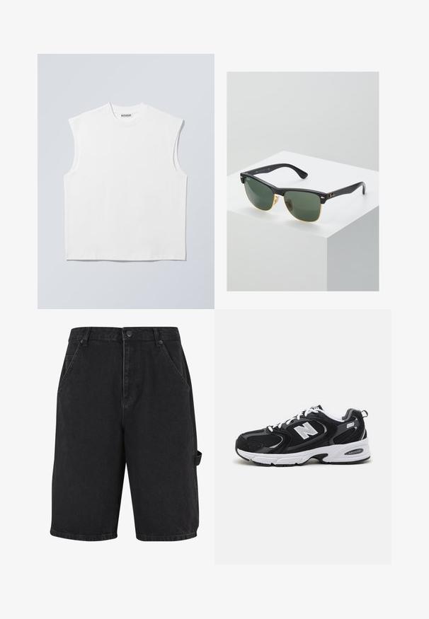 Weißes ärmelloses Baumwolltop mit Rundhalsausschnitt und strukturierten Schultern, mit "WEEKDAY" auf dem Kragenetikett versehen, vor hellgrauem Hintergrund dargestellt.; Schwarze Denim-Shorts mit lockerer Passform, Fronttaschen und seitlicher Akzenttasche. Der Stoff hat eine subtile Textur und eine robuste Verarbeitung.; Schwarze und graue Sportschuhe mit Obermaterial aus Mesh und Wildleder, ausgestattet mit einer weißen Zwischensohle, Schnürsenkeln und einem markanten "N"-Logo an der Seite.; Ray-Ban Sonnenbrillen mit grünen Gläsern, schwarzen Kunststoffrahmen und goldenen Akzenten an den Rändern. Quadratische Form mit matter Oberfläche.