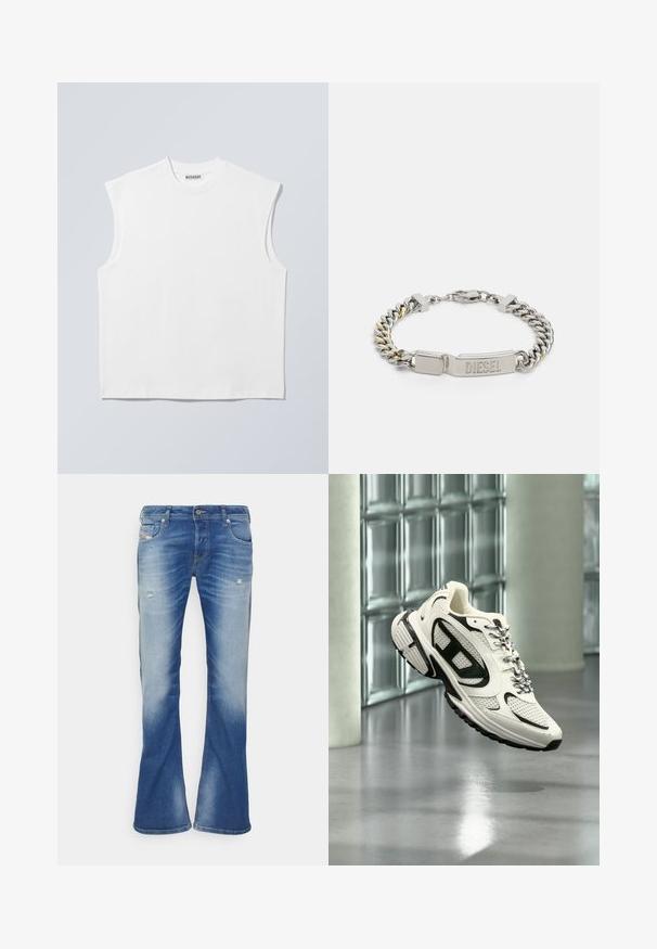 Weißes ärmelloses Baumwolltop mit Rundhalsausschnitt und strukturierten Schultern, mit "WEEKDAY" auf dem Kragenetikett versehen, vor hellgrauem Hintergrund dargestellt.; Blaue, ausgebleichte Bootcut-Jeans mit leichter Abnutzung an den Vorderseiten der Oberschenkel und klassischem Fünf-Taschen-Design auf weißem Hintergrund.; Weißer und schwarzer Sportschuh mit Mesh-Details und gemusterten Schnürsenkeln, schwebt mitten in der Luft in einem modernen Innenraum mit Glasbausteinen.; Silbernes Metallarmband mit einer Kombination aus glatten und strukturierten Gliedern. Verfügt über einen erkennbaren eingravierten Verschluss. Enthält goldene Akzente.