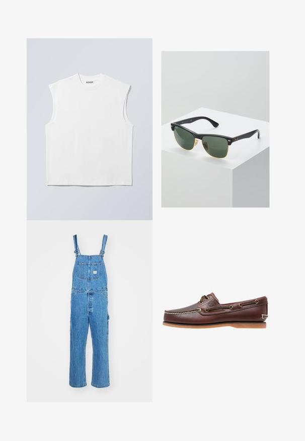Wit mouwloos katoenen top met ronde hals en gestructureerde schouders, met het merk "WEEKDAY" op het label in de kraag, afgebeeld op een lichtgrijze achtergrond.; Denim salopette met verstelbare schouderbanden, wijde pijpen en een voorzak met een label. Lichtblauwe kleur met een gestructureerde afwerking.; Bruine leren bootschoen met witte stiksels, veterdetails en beige rubberen zool, zijaanzicht op een witte achtergrond.; Ray-Ban zonnebrillen met groene lenzen, zwarte plastic monturen en gouden accenten aan de randen. Vierkante vorm met een matte afwerking.