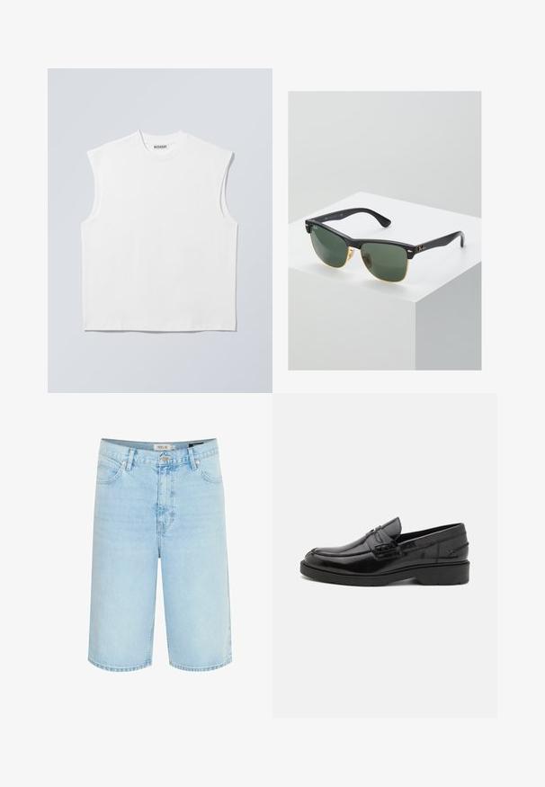 Wit mouwloos katoenen top met ronde hals en gestructureerde schouders, met het merk "WEEKDAY" op het label in de kraag, afgebeeld op een lichtgrijze achtergrond.; Lichtblauwe denim shorts met een ontspannen pasvorm, vijf-pocket ontwerp, enkele knoopsluiting en contrasterende stiksels langs de naden.; Zwarte leren instappers met een gladde afwerking, ronde neus, lage hak en decoratieve stiksels aan de voorkant. Rubberen buitenzool voor grip.; Ray-Ban zonnebrillen met groene lenzen, zwarte plastic monturen en gouden accenten aan de randen. Vierkante vorm met een matte afwerking.