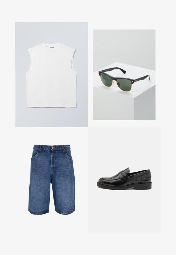 Hvid ærmeløs bomulds top med rund hals og markerede skulderpartier, mærket "WEEKDAY" på halsmærket, vist på lys grå baggrund.; Denimshorts i mellemblå, med et klassisk design, fem lommer og en lynlås med knaplukning. Grov tekstur og lige pasform.; Sorte læder loafers med en glat finish, rund tå, lav hæl og dekorativ syning langs forsiden. Gummisål for godt greb.; Ray-Ban solbriller med grønne linser, sorte plastikstel og gyldne detaljer ved kanterne. Firkantet form med mat finish.