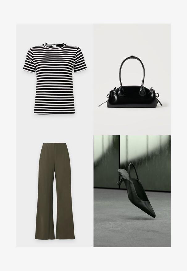 Sort-hvid stribet kortærmet t-shirt med en ribbet tekstur og rund halsudskæring. Striberne er jævnt fordelt over stoffet.; Olivenfarvede brede bukser med elastisk talje, glat stof og ingen lommer, med et rent, minimalistisk design.; Sort læder slingback højhælet sko med spids tå svævende over gråt tæppe, sløret grønlig væg i baggrunden.; Lille sort blank håndtaske med to lange håndtag og snøre-detaljer i siden på en ensfarvet lys baggrund.