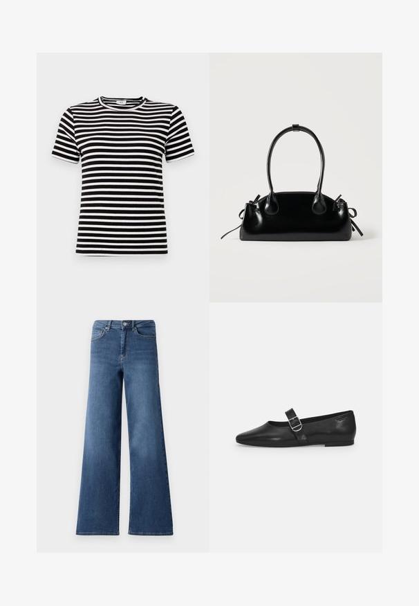 Sort-hvid stribet kortærmet t-shirt med en ribbet tekstur og rund halsudskæring. Striberne er jævnt fordelt over stoffet.; Bredde ben blå denimjeans med en standard talje, forlommer og en glat tekstur. Ingen synlige mønstre eller udsmykninger.; Sorte læder flade sko med rund tå, et enkelt justerbart spænde og en glat, blank overflade. Minimalistisk design med en lav hæl.; Lille sort blank håndtaske med to lange håndtag og snøre-detaljer i siden på en ensfarvet lys baggrund.