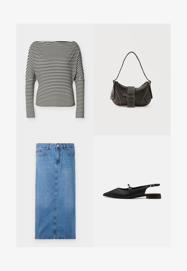 Zwart-wit horizontaal gestreept shirt met lange mouwen, boothals en aansluitende mouwen op een effen achtergrond.; Denim midi rok in lichtblauw, met een rechte silhouet, zijnaad, en standaard taille met vijf riemlussen en een metalen knoopsluiting.; Zwarte gestructureerde slingback schoen met een spitse neus, dunne band met een gouden gespdetail en een lage blokhak.; Zwarte leren schoudertas met gespsluiting aan de riem, afgeronde hoeken en contrasterende witte stiksels op een effen achtergrond.